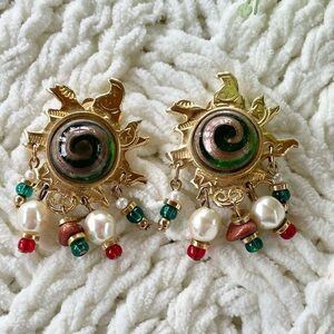 Vintage Coro 90’s Gold and Green Sunburst Statement Earrings Clip On